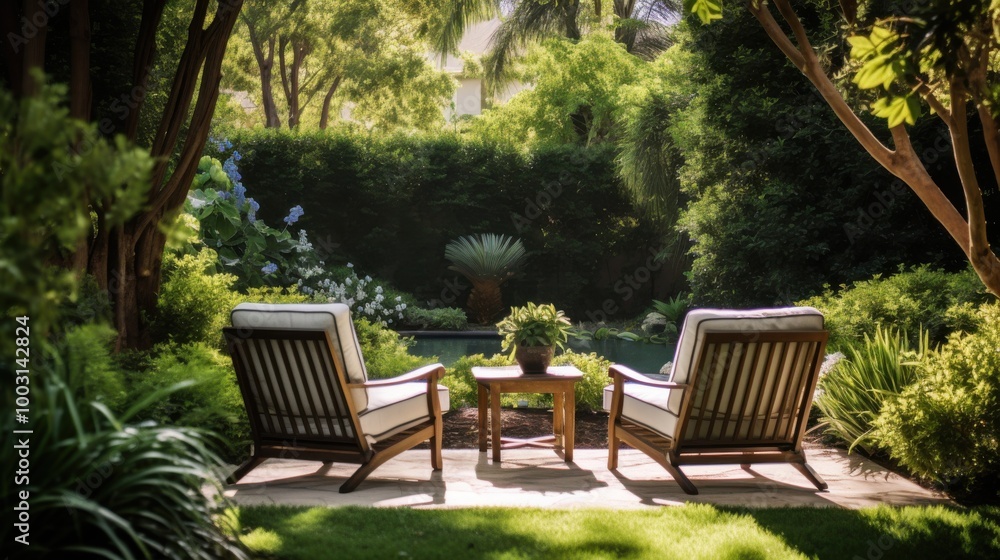 Two cushioned chairs and a table in a lush garden set the scene for a tranquil retreat, offering a perfect spot for relaxation amid greenery and flowers. Two cushioned chairs and a table in a lush garden set the scene for a tranquil retreat, offering a perfect spot for relaxation amid greenery and flowers.