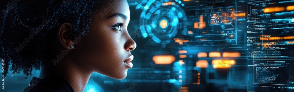 A young African American individual engages with advanced technology in a bright digital setting A young African American individual engages with advanced technology in a bright digital setting