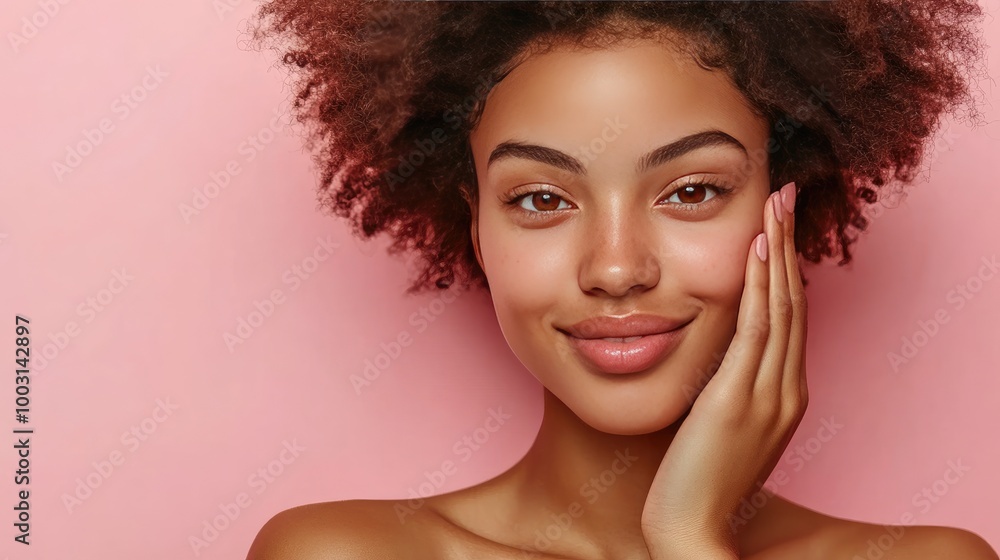 Young woman with luminous skin, resting her hand on her cheek with a satisfied expression, enjoying the results of her beauty regimen against a fresh, light background. Young woman with luminous skin, resting her hand on her cheek with a satisfied expression, enjoying the results of her beauty regimen against a fresh, light background.