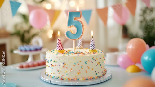 number 5 candle on a fifth year birthday cake celebration with balloons and party decoration as banner