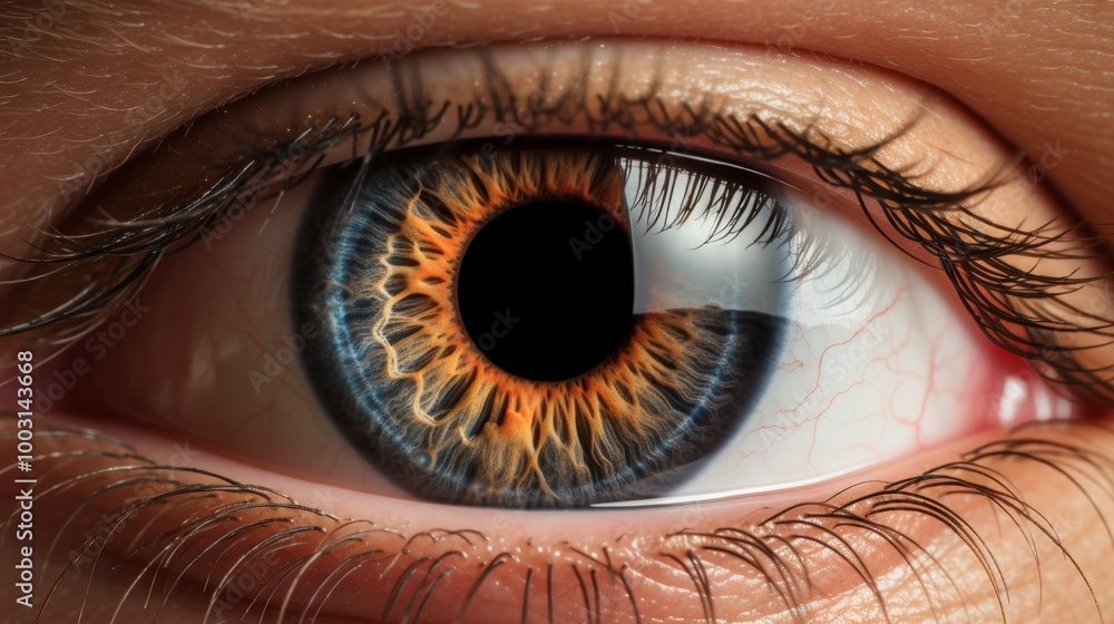 Fototapeta premium Macro image of human eye iris on dark background showcasing rich brown cornea texture