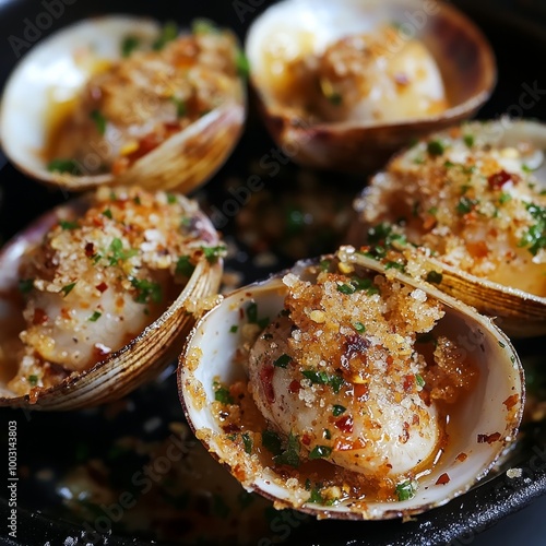 Baked clams with garlic, salt and parsley. Selective focus. photo