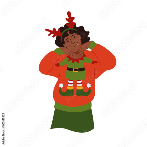 Joyful girl making faces in festive ugly sweater. Teen girl in garish Christmas sweater exudes holiday cheer and laughter Vector illustration female character in winter clothes with traditional prints