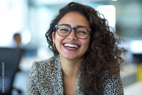 Joyful mexican american businesswoman with glasses laughing in a bright office setting, modern workplace, positive work environment