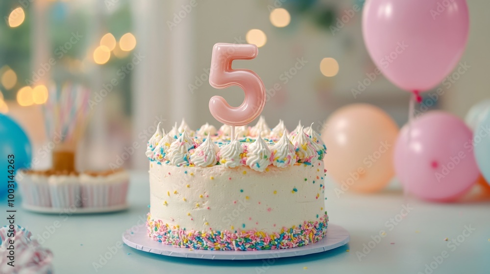 number 5 candle on a fifth year birthday cake celebration with balloons and party decoration as banner number 5 candle on a fifth year birthday cake celebration with balloons and party decoration as banner