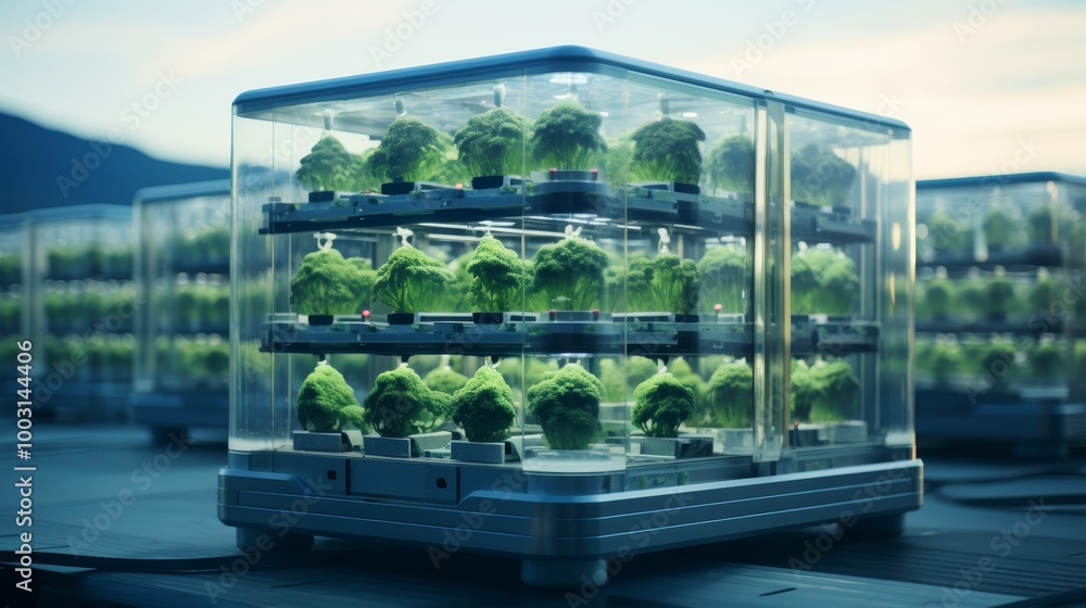 Fototapeta premium Smart robot technology transforms vertical greenhouses with precision harvesting and innovation