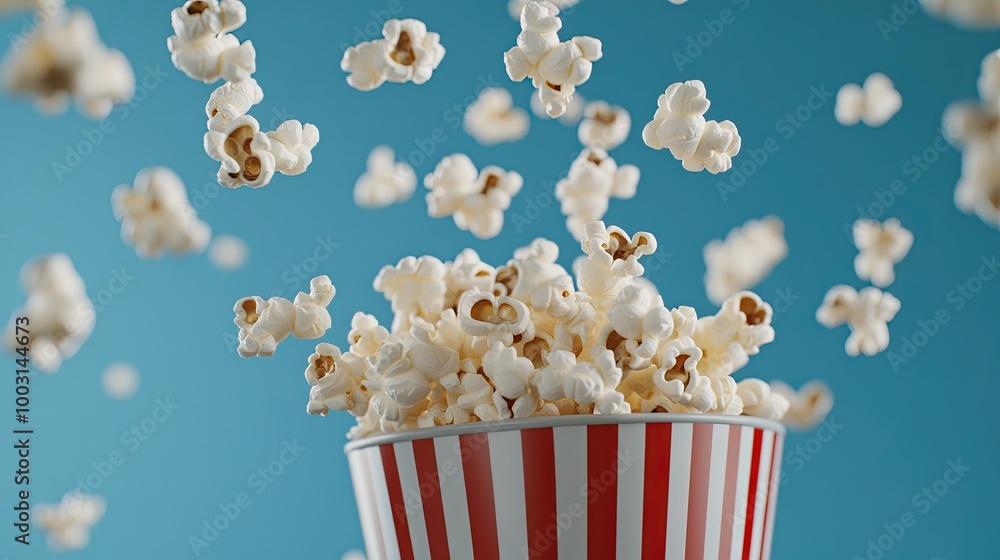 Popcorn cascades from above, filling a red and white striped bucket set against a vibrant blue background, inviting a sense of fun and nostalgia Popcorn cascades from above, filling a red and white striped bucket set against a vibrant blue background, inviting a sense of fun and nostalgia