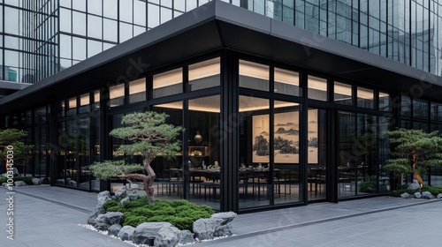 A tranquil outdoor dining space showcases a black steel frame with glass walls. Surrounded by lush bonsai trees and rockery, it offers a perfect evening atmosphere