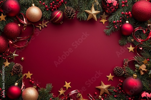 Christmas Decorations with Red Ornaments, Gold Stars, and Red Ribbons photo