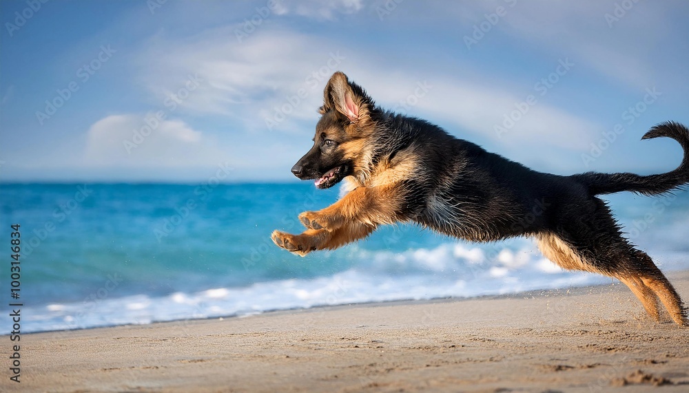 German Shepherd puppy having fun on the sea near the water, in the water German Shepherd puppy having fun on the sea near the water, in the water