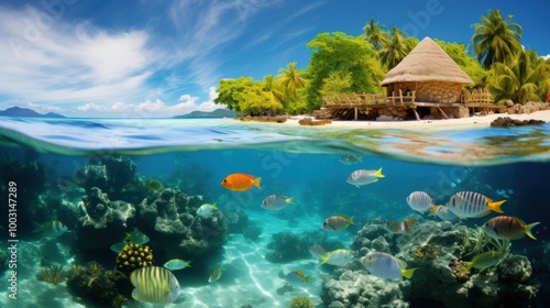 A serene over-under shot of a tropical paradise, featuring vibrant coral reefs and colorful fish beneath a tranquil blue sky and a cozy beach hut.