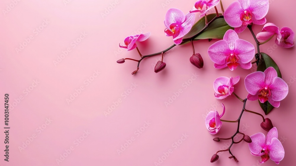 Fototapeta premium Pink Orchid flower on soft color background, romantic feminine composition, wedding invitation concept.