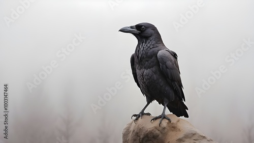 abstract picture of a raven perched on a pale background with gray and white fog 