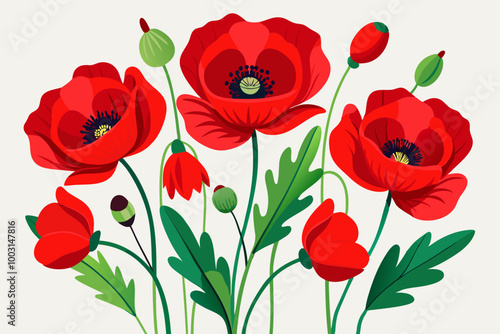 Vibrant illustration of red poppy flowers with delicate green stems and leaves. Flower poppy blossom bud or bloom flat isolated