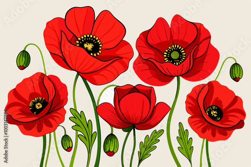 Vibrant illustration of red poppy flowers with delicate green stems and leaves. Flower poppy blossom bud or bloom flat isolated