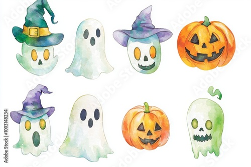 Halloween watercolor illustration featuring pumpkins, ghosts, skeletons, and bats