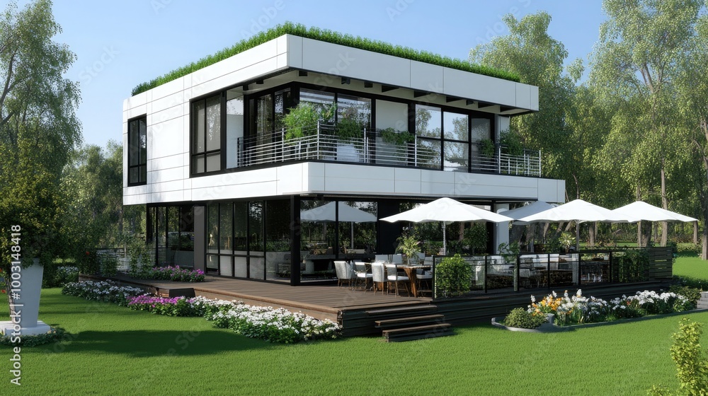 This modern single-story house features a sleek design with large windows and a black roof, complemented by arched doorways and a beautiful garden surrounding it This modern single-story house features a sleek design with large windows and a black roof, complemented by arched doorways and a beautiful garden surrounding it