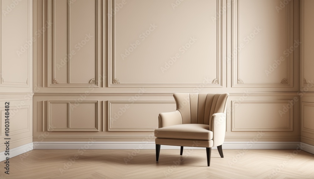 Fototapeta premium Beige Chair in Empty Studio with Classic Wall Panels
