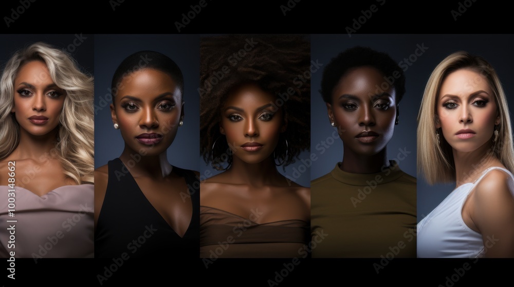 A striking portrait series of five diverse women, each with distinct hairstyles and expressions, highlighting beauty, individuality, and empowerment. A striking portrait series of five diverse women, each with distinct hairstyles and expressions, highlighting beauty, individuality, and empowerment.