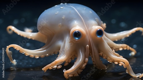 The soft, gelatinous body of the delicate, translucent Dumbo octopus, which has ear-like fins protruding from its head, is floating effortlessly in a dark blue, almost black, abyssal background. photo