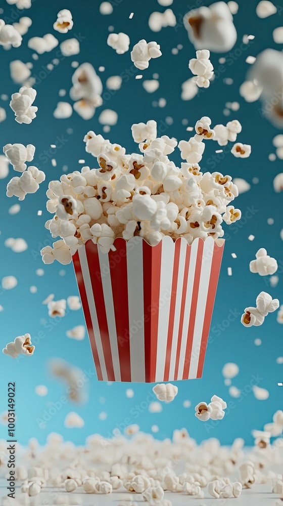 Popcorn cascades from above, filling a red and white striped bucket set against a vibrant blue background, inviting a sense of fun and nostalgia Popcorn cascades from above, filling a red and white striped bucket set against a vibrant blue background, inviting a sense of fun and nostalgia