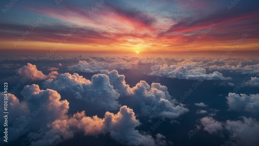 Dramatic sunset over sea of clouds, with vibrant orange, pink, and purple hues in sky. Clouds appear fluffy and billowing, creating serene and ethereal atmosphere Dramatic sunset over sea of clouds, with vibrant orange, pink, and purple hues in sky. Clouds appear fluffy and billowing, creating serene and ethereal atmosphere