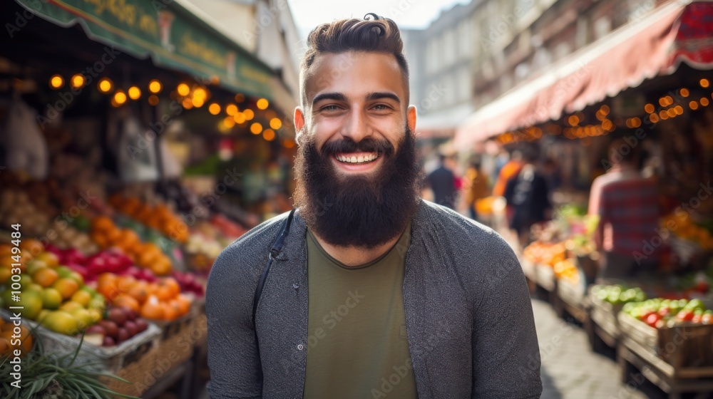 A man with a broad smile and full beard stands in a vibrant market filled with fresh produce, conveying a joyful and lively atmosphere. A man with a broad smile and full beard stands in a vibrant market filled with fresh produce, conveying a joyful and lively atmosphere.
