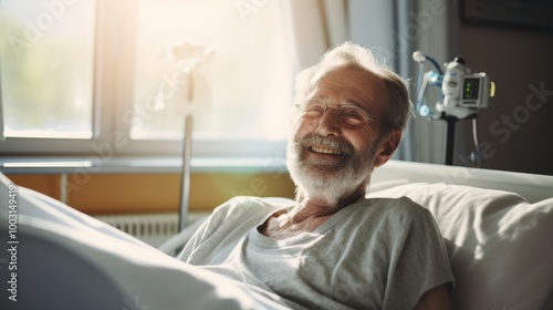 A content elderly man in a hospital bed, smiling with happiness and relief as sunlight filters through the window, portraying hope, recovery, and serenity in a healthcare setting.