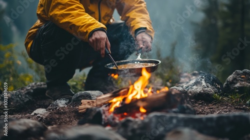 A person stirs a pot over a crackling campfire in the wilderness during twilight. The smoke rises amidst the trees, creating a cozy atmosphere for outdoor cooking