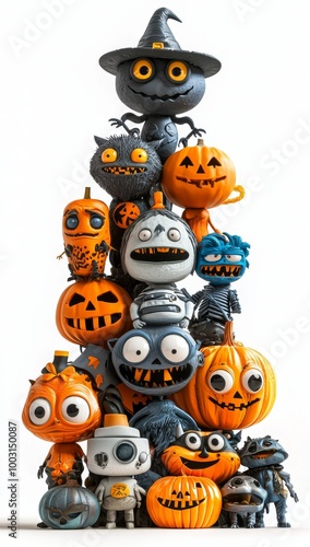 There is a tower of Jack-O-Lanterns with ghosts, skeletons, and other Halloween characters.