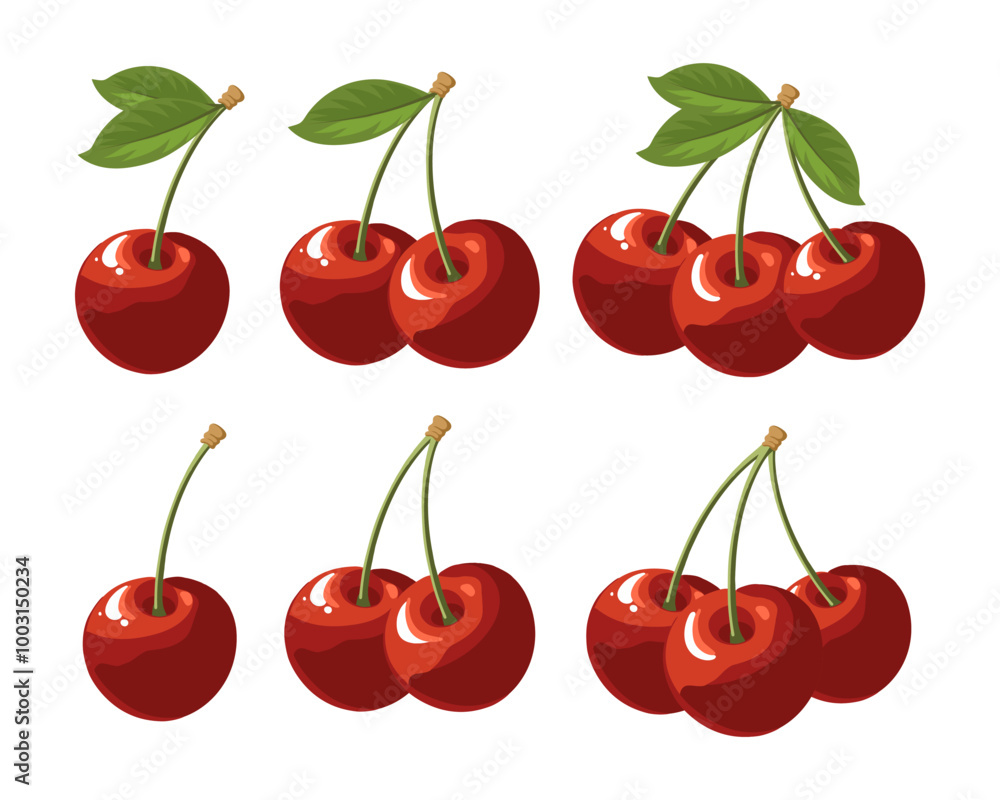 Set of twigs with cherries isolated on white background. Sweet red berry. Illustration, fruit icons Set of twigs with cherries isolated on white background. Sweet red berry. Illustration, fruit icons