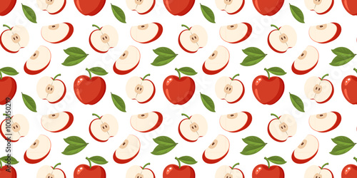 Seamless pattern with apples and apple pieces on white background. Fruit background, packaging illustration