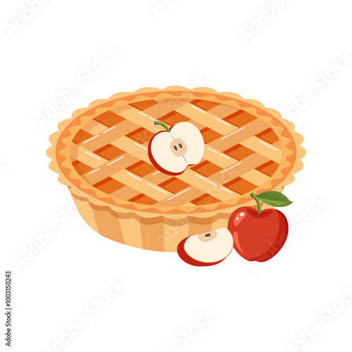 Baked apple pie with apple pieces. Traditional holiday food, dessert, sweet. Flat illustration