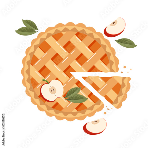 Baked sliced ​​apple pie with apple slices. Traditional holiday food, dessert, sweet. Flat illustration