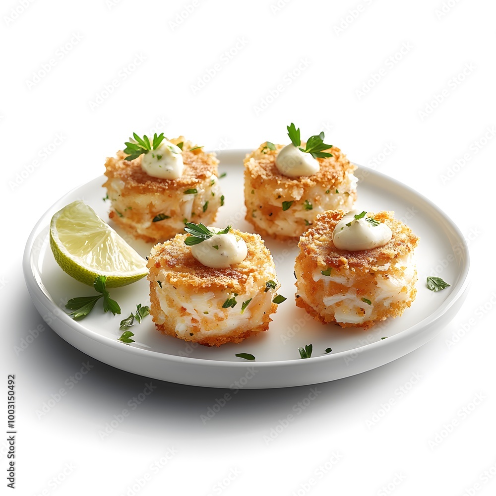 Crispy shrimp cakes with aioli and lime on plate garnished with herbs Crispy shrimp cakes with aioli and lime on plate garnished with herbs