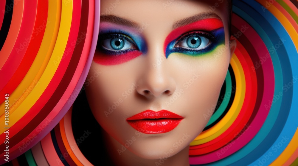 Fototapeta premium A striking portrait of a woman with vivid, colorful makeup and a spiral of rainbow hues framing her face, evoking a vibrant, artistic style.