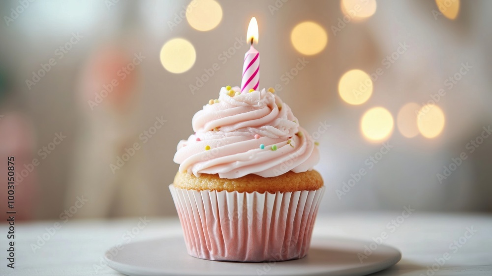 Birthday cupcake with candle and pink frosting Birthday cupcake with candle and pink frosting