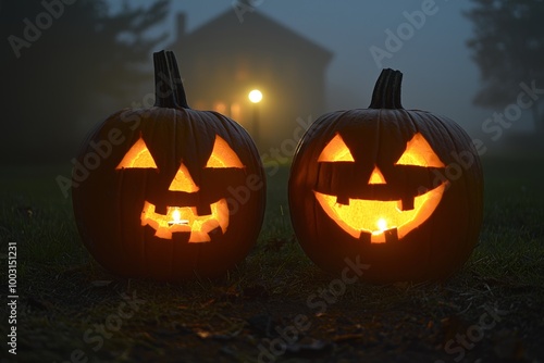 Luminous Jack-O-Lanterns outside a creepy house on a foggy Halloween evening