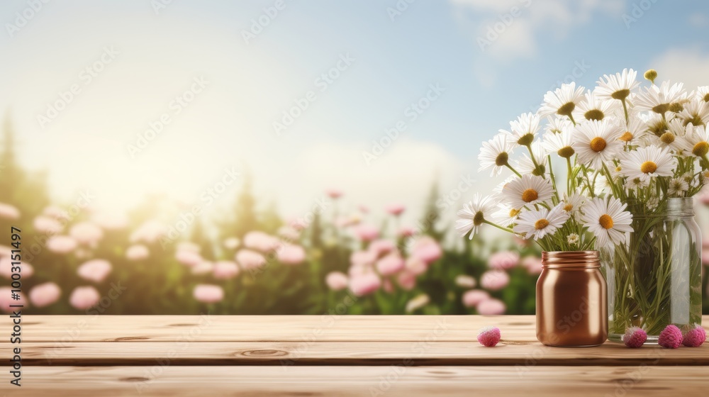 Elegant marble tabletop on wooden house surrounded by a meadow filled with colorful flowers Elegant marble tabletop on wooden house surrounded by a meadow filled with colorful flowers