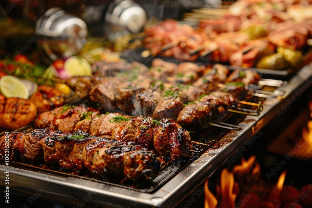 A buffet table with a variety of meats and vegetables, generative ai image A buffet table with a variety of meats and vegetables, generative ai image