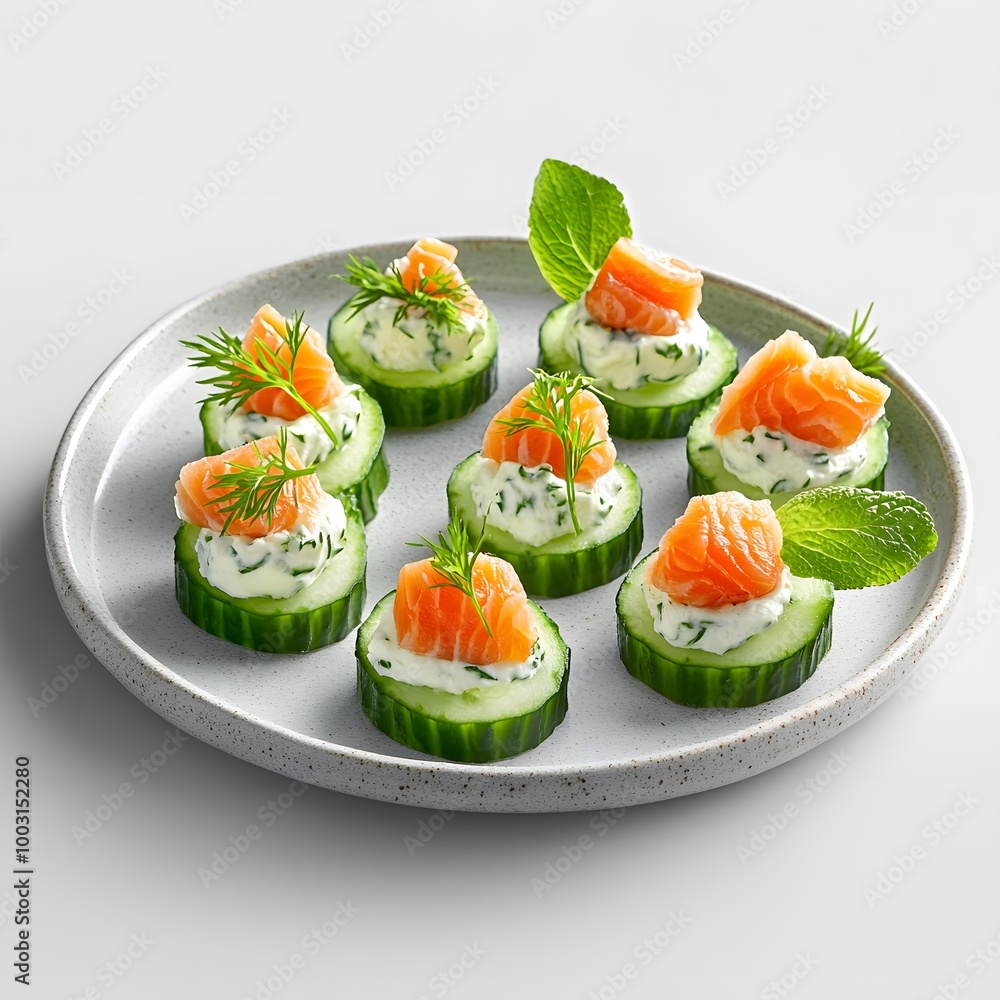 Gourmet salmon and herb cream cheese bites on cucumber slices Gourmet salmon and herb cream cheese bites on cucumber slices