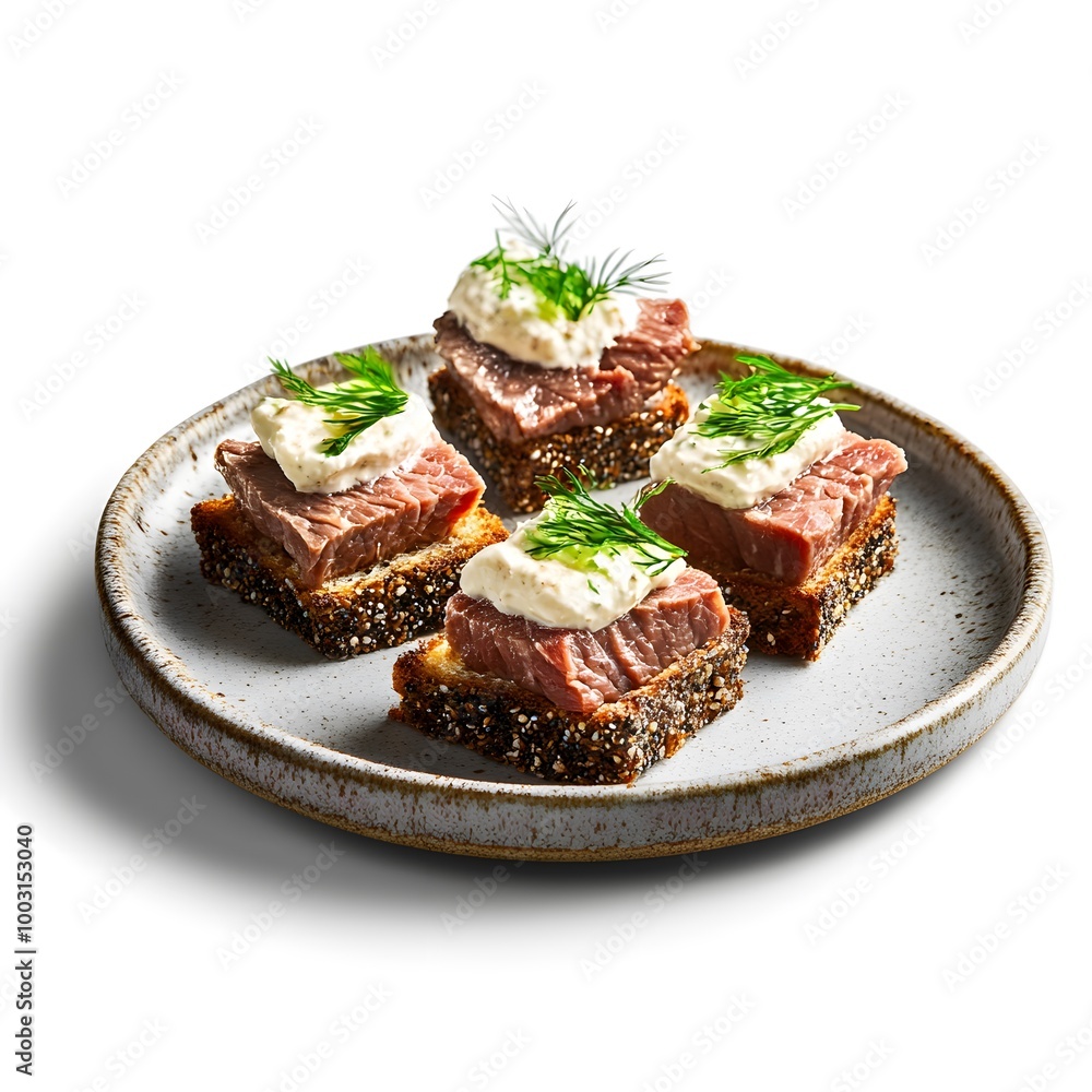 Gourmet open-faced appetizers with smoked salmon and dill garnish on artisan bread Gourmet open-faced appetizers with smoked salmon and dill garnish on artisan bread