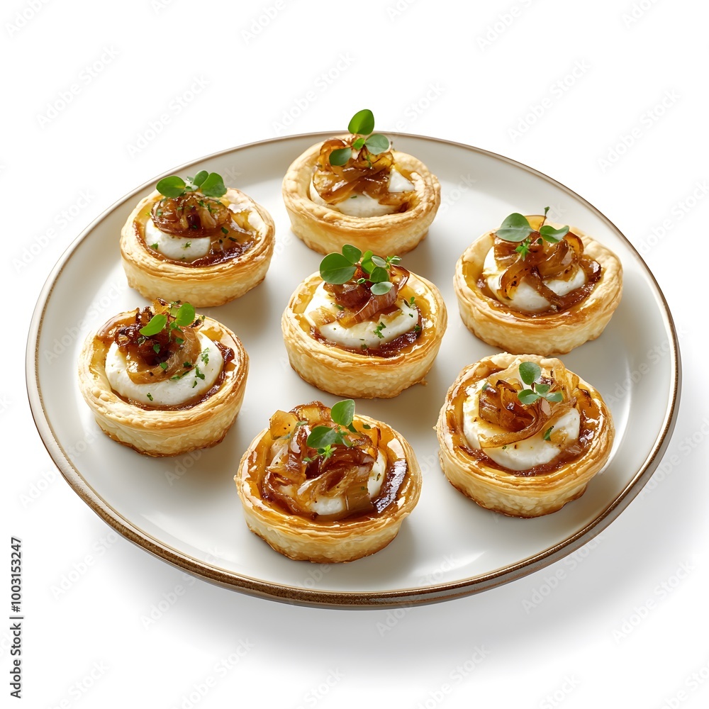 Delicious caramelized onion and goat cheese tarts on elegant plate Delicious caramelized onion and goat cheese tarts on elegant plate