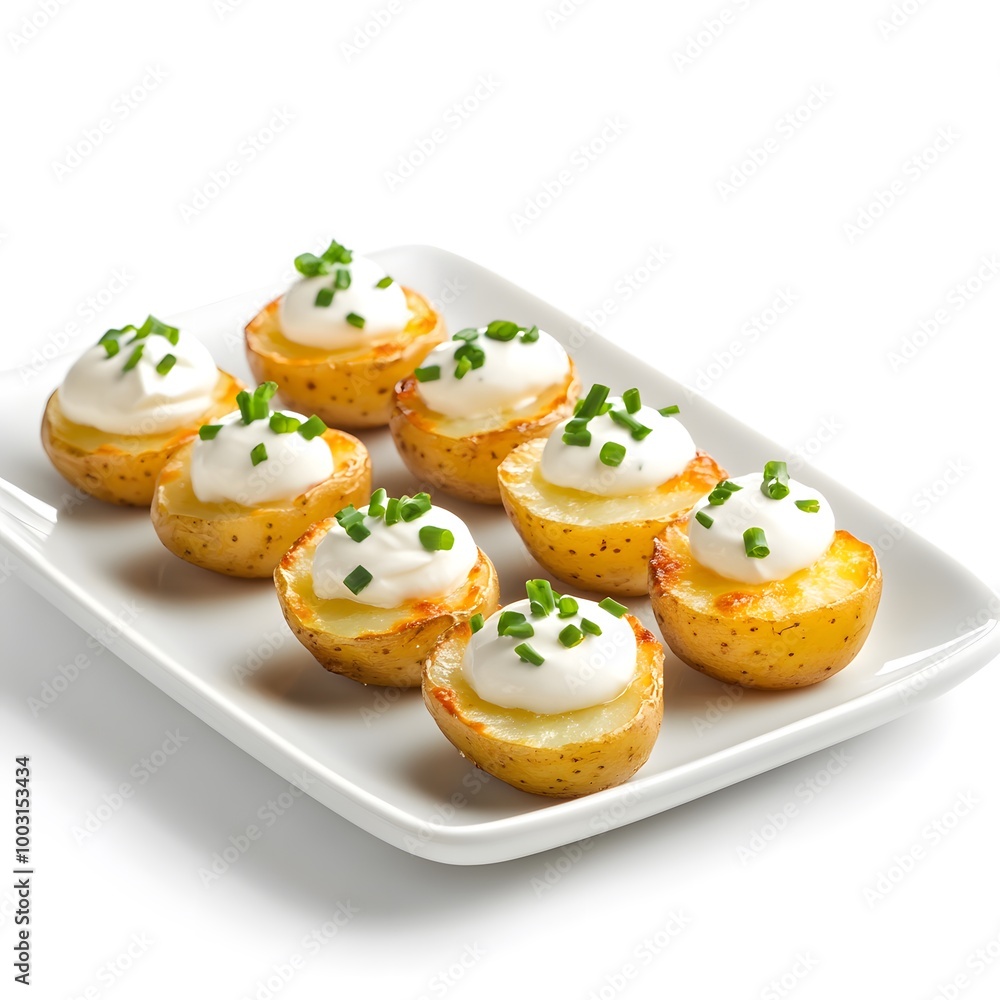 Appetizing baked potato slices with sour cream and chives on white plate Appetizing baked potato slices with sour cream and chives on white plate