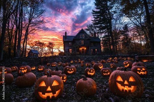 Haunted Mansion and Glowing Pumpkins on Halloween night.