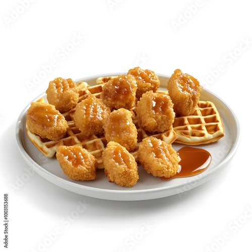 Crispy chicken nuggets on waffles with maple syrup drizzle