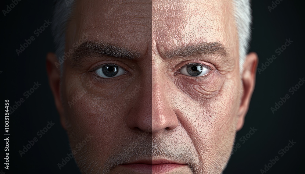 A 3D-rendered split face, with half of the face showing youthful symmetry and the other half showing the effects of aging, including wrinkles and sagging. A 3D-rendered split face, with half of the face showing youthful symmetry and the other half showing the effects of aging, including wrinkles and sagging.