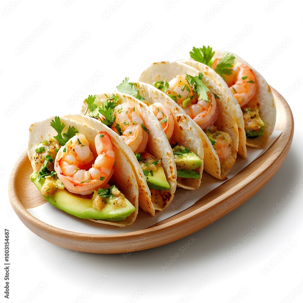 Delicious shrimp tacos with avocado and fresh cilantro garnish Delicious shrimp tacos with avocado and fresh cilantro garnish