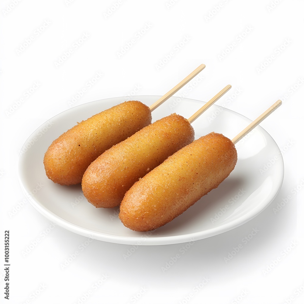 Delicious corn dogs on white plate – tasty snack on sticks