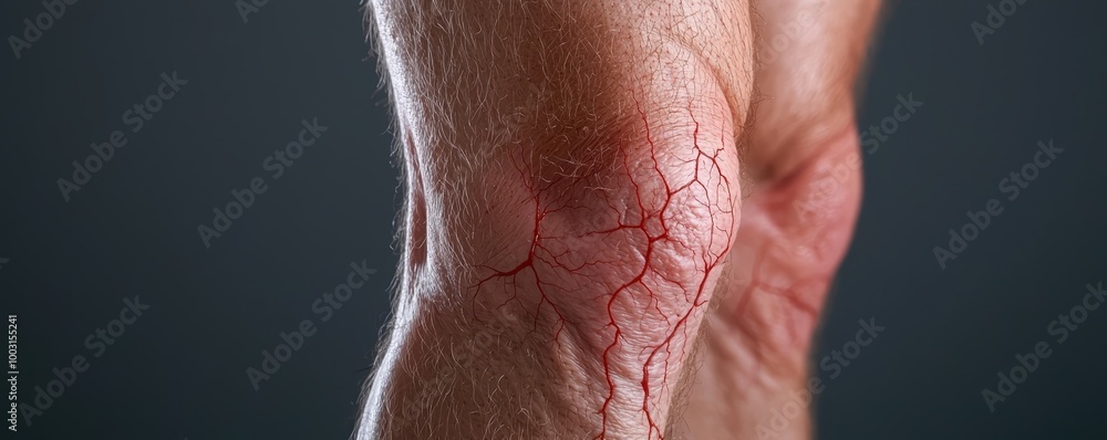 Fototapeta premium A close-up of a leg with prominent varicose veins near the knee, focusing on the uneven texture and discoloration caused by poor circulation.